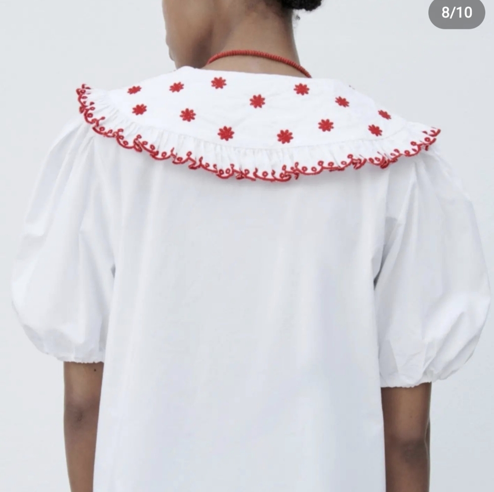 ZARA RED & WHITE EMBROIDERY PETER-PAN COLLAR POPLIN BLOUSE S,M NWT Puff sleeves - Picture 4 of 4